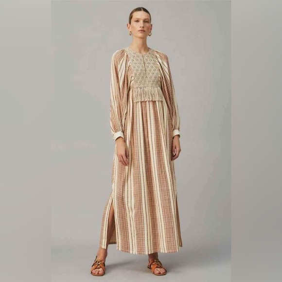 Tory Burch Tan and Cream Pleated Tiered Gown - Picture 1 of 10